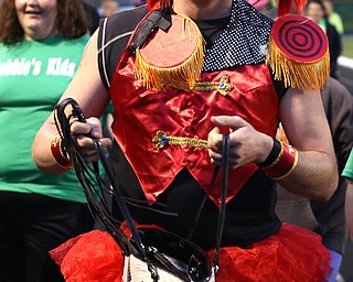 Brian "Fiona Fire Cracker" Patterson of New Castle, runs around raising money while participating in the  "Miss Relay"  during the Relay for Life event at Boardman Spartan Stadium, Friday, May 19, 2017 in Boardman. ..(Nikos Frazier | The Vindicator)