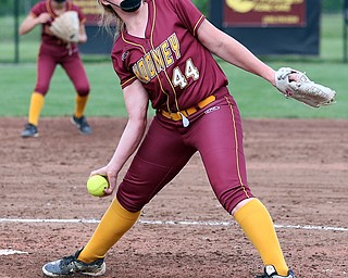 MICHAEL G TAYLOR | THE VINDICATOR- 05-19-17 SOFTBALL D3 Cardinal Mooney Cardinals vs Columbiana Clippers at South Range High School in South Range, OH.  7th inning, Mooney's #44 Kayla Rutherford fires a pitch homeward.