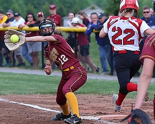MICHAEL G TAYLOR | THE VINDICATOR- 05-19-17 SOFTBALL D3 Cardinal Mooney Cardinals vs Columbiana Clippers at South Range High School in South Range, OH.  4th inning, Columbiana's #22 Alyssa Tohm beats the throw to Mooney's #12 Brooke Chandler .