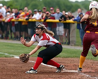 MICHAEL G TAYLOR | THE VINDICATOR- 05-19-17 SOFTBALL D3 Cardinal Mooney Cardinals vs Columbiana Clippers at South Range High School in South Range, OH. 7th iinning, as Columbiana's #21 Morgan Highley stretches for the ball, Mooney's #4 Katie Perry beats the throw to knock in the game tying run .