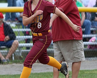 MICHAEL G TAYLOR | THE VINDICATOR- 05-19-17 SOFTBALL D3 Cardinal Mooney Cardinals vs Columbiana Clippers at South Range High School in South Range, OH.  9th inning, Mooney's #8 Bridget Sweeney rounds 3rd base after hitting home run to make the score 2-1 Mooney.