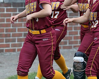 MICHAEL G TAYLOR | THE VINDICATOR- 05-19-17 SOFTBALL D3 Cardinal Mooney Cardinals vs Columbiana Clippers at South Range High School in South Range, OH.  9th inning, Mooney's #8 Bridget Sweeney is greeted by her teammates after hitting home run to make the the score 2-1 Mooney.
