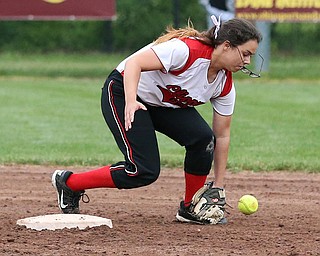 MICHAEL G TAYLOR | THE VINDICATOR- 05-19-17 SOFTBALL D3 Cardinal Mooney Cardinals vs Columbiana Clippers at South Range High School in South Range, OH.  9th inning, Columbiana's #14 Gillian Stilson attempts to field a grounder.