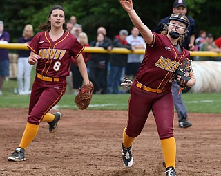 MICHAEL G TAYLOR | THE VINDICATOR- 05-19-17 SOFTBALL D3 Cardinal Mooney Cardinals vs Columbiana Clippers at South Range High School in South Range, OH.  9th inning, Mooney's #22 CJ Sapp fires to 1st base for the final out oif the game in Mooney's 3-1 victory.