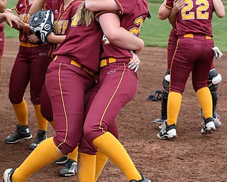 MICHAEL G TAYLOR | THE VINDICATOR- 05-19-17 SOFTBALL D3 Cardinal Mooney Cardinals vs Columbiana Clippers at South Range High School in South Range, OH.  Mooney Cardinals' #24 Kelly Williams (right) celebrates with her teammate #44 Kayla Rutherford.