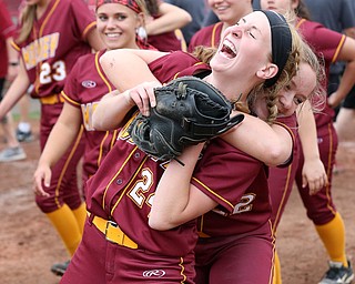 MICHAEL G TAYLOR | THE VINDICATOR- 05-19-17 SOFTBALL D3 Cardinal Mooney Cardinals vs Columbiana Clippers at South Range High School in South Range, OH.  Mooney Cardinals' #24 Kelly Williams (left) celebrates with her teammate #22 CJ Sapp.