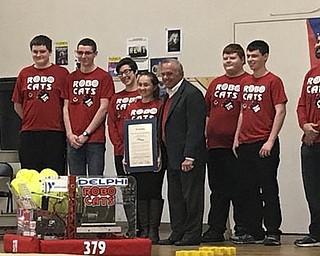 SPECIAL TO THE VINDICATOR
Girard Multi-Generational Center recently hosted its annual Senior Citizen/Intergenerational Day luncheon in honor of Older Americans Month. The Girard High School Robocats team provided a demonstration of their award-winning robot and presented a special embroidered star to all veterans in appreciation of their service. Commissioner Frank Fuda presented the team with a resolution recognizing its accomplishments.