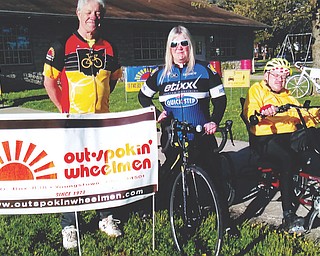 SPECIAL TO THE VINDICATOR
More than 200 cyclists from Northeast Ohio and Western Pennsylvania met in Columbiana on April 23 for the annual Spring in Columbiana County ride hosted by Out-Spokin’ Wheelmen Cycling Club of Youngstown. Cyclists started at Firestone Park and chose between a 35-mile route on the Greenway Bike Path, or a 63-mile route that added to the path by continuing along highways in the county. A snack stop was set up at the historic train station in Lisbon, and a pizza lunch was served when the cyclists returned to the park. From left are Dave Hughes, event chairman; Jaclyn Komenak and Brian Murphy, OSW members. For information, visit www.outspokinwheelmen.com.