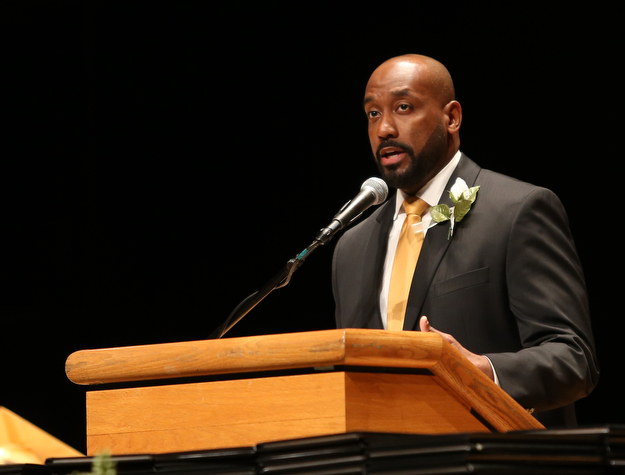 Principal Dante Capers speaks during the Warren G. Harding High School Commencement at W.D. Packard Music Hall, Thursday, May 25, 2017 in Warren.  ..(Nikos Frazier | The Vindicator)