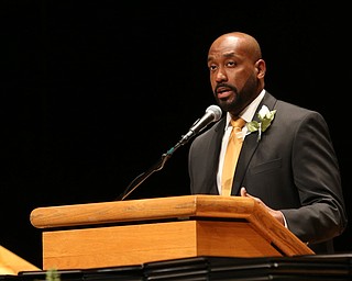 Principal Dante Capers speaks during the Warren G. Harding High School Commencement at W.D. Packard Music Hall, Thursday, May 25, 2017 in Warren.  ..(Nikos Frazier | The Vindicator)