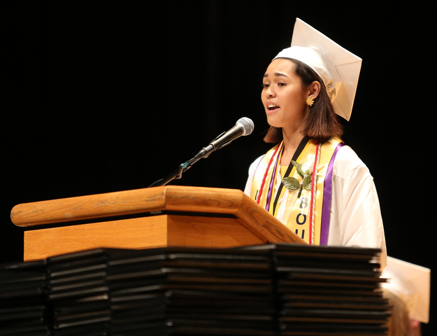 Valedictorian Da'Jahnae Provitt speaks during the Warren G. Harding High School Commencement at W.D. Packard Music Hall, Thursday, May 25, 2017 in Warren.  ..(Nikos Frazier | The Vindicator)