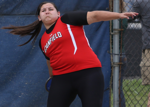Canfield's Kaelin Kabetso(777) competes in the girls discus throw final during the Division 1 Region 1 Track & Field Championships, Friday, May 26, 2017 at Austintown High School in Austintown...(Nikos Frazier | The Vindicator)..