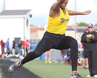 Warren Harding's Amisha Moore(122) competes in the girls long jump final during the Division 1 Region 1 Track & Field Championships, Friday, May 26, 2017 at Austintown High School in Austintown...(Nikos Frazier | The Vindicator)..