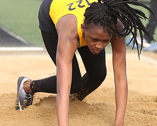 Warren Harding's Amisha Moore(122) competes in the girls long jump final during the Division 1 Region 1 Track & Field Championships, Friday, May 26, 2017 at Austintown High School in Austintown...(Nikos Frazier | The Vindicator)..