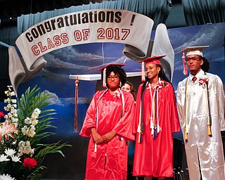        ROBERT K. YOSAY  | THE VINDICATOR..The last class of VPA/Stem Graduated at Chaney High School Friday afternoon ..Ò.Markalia Fareed -Salutatorian- Rayonna Booth -Salutatorian-and Victor Tenorio( valedictorian )