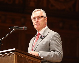        ROBERT K. YOSAY  | THE VINDICATOR..Pride emanated from the Stambaugh Auditorium Friday morning as 189 East High students celebrated their last hurrah of high school.- Jim Tressel main speaker.Ò..Jim Tressel