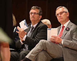        ROBERT K. YOSAY  | THE VINDICATOR..Pride emanated from the Stambaugh Auditorium Friday morning as 189 East High students celebrated their last hurrah of high school.- Jim Tressel main speaker.Ò..Jim Tressel and Stephen Stohla ( left)