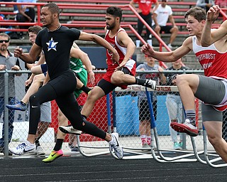 MICHAEL G TAYLOR | THE VINDICATOR- 05-27-16 - D2 Track & Field Regional at Austintown Fitch High School in Austintown, OH.In Boy's 110m hurdles, Lakeview's Jatise Garrison finishes 2nd to qualify for state.