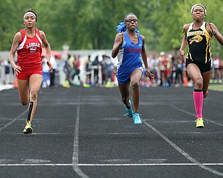MICHAEL G TAYLOR | THE VINDICATOR- 05-27-16 - D2 Track & Field Regional at Austintown Fitch High School in Austintown, OH.In Girl's 100m, Labrae's Dynesty Ervin finish 3rd and qualifies for state by .02 of a second.