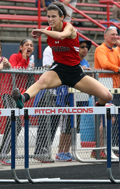 MICHAEL G TAYLOR | THE VINDICATOR- 05-27-16 - D2 Track & Field Regional at Austintown Fitch High School in Austintown, OH.In Girl's 300m hurdles, Girard's Emily Marsico finishes 2nd to qualify for state.
