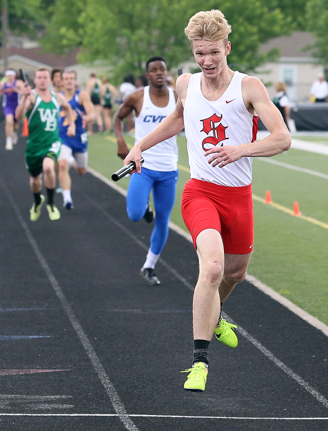 MICHAEL G TAYLOR | THE VINDICATOR- 05-27-16 - D2 Track & Field Regional at Austintown Fitch High School in Austintown, OH.In Boy's 4x400m relay, Salem's Quinlan Rumsey crosses the finish line. Salem finished 2nd to qualify for state.