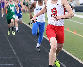 MICHAEL G TAYLOR | THE VINDICATOR- 05-27-16 - D2 Track & Field Regional at Austintown Fitch High School in Austintown, OH.In Boy's 4x400m relay, Salem's Quinlan Rumsey crosses the finish line. Salem finished 2nd to qualify for state.
