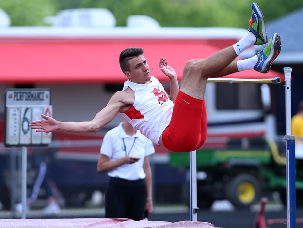 MICHAEL G TAYLOR | THE VINDICATOR- 05-27-16 - D2 Track & Field Regional at Austintown Fitch High School in Austintown, OH.Boy's high jump, Salem's Jon Gerace misses his attempt.