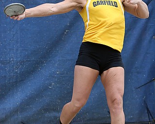 MICHAEL G TAYLOR | THE VINDICATOR- 05-27-16 - D2 Track & Field Regional at Austintown Fitch High School in Austintown, OH.In Girl's discus,  2 time defending state champion Garfield's Lauren Jones finishes 2nd and qualifies for state.