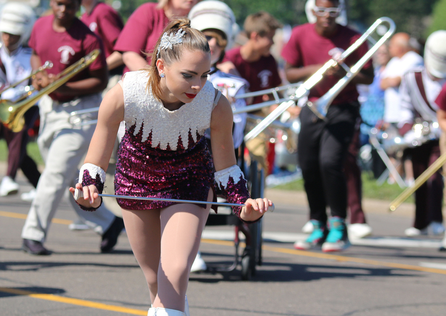 Christina LaRocca of the Boardman High School band performs a dance with the other majorettes during the Memorial Day Parade in Boardman on Monday morning.  Dustin Livesayt  |  The Vindicator  5/29/17  Boardman.
