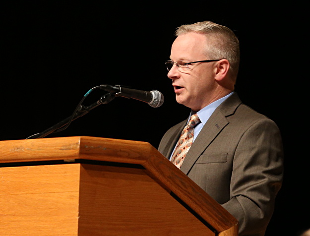 Superintendent Kevin Spicher speaks during the Howland High School Graduation at Packard Music Hall, Wednesday, May 31, 2017 in Warren...(Nikos Frazier | The Vindicator)