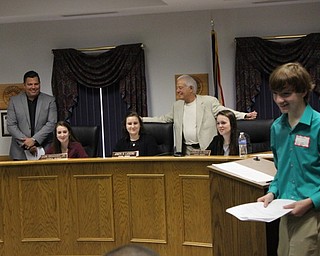 Neighbors | Abby Slanker.A Canfield High School student asked a question during a mock City Council meeting, which was conducted as part of the school’s 37th annual Civic Day sponsored by the Rotary Club of Canfield on May 5.