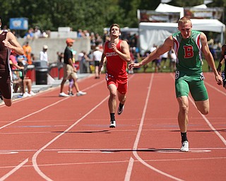 (from left) Jacob Pancake(374) of East Palestine, Brandon Pollock(712) of Cedarville, Matthew Burkhart(619) of Barnesville and Jarred Miller(10) of Mineral Ridge compete in the DIII boys 400 meter dash semifinal during the 2017 OHSAA Boys and Girls State Track and Field Tournaments, Friday, June 2, 2017 at the Jesse Owens Memorial Stadium in Columbus...(Nikos Frazier | The Vindicator)