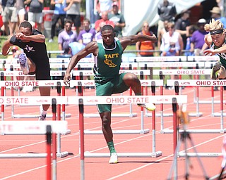 (from left) Jatise Garrison(701) of Lakeview, Ormoni Zanders(549) of Taft and Ethan Griffth(812) of West Branch compete in the DII boys 110 meter hurdles semifinal during the 2017 OHSAA Boys and Girls State Track and Field Tournaments, Friday, June 2, 2017 at the Jesse Owens Memorial Stadium in Columbus...(Nikos Frazier | The Vindicator)
