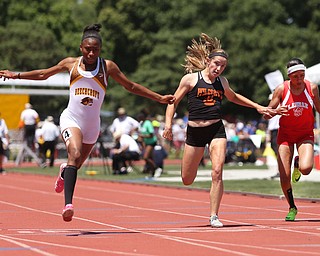 (from left) Makuya Montgomery(107) of Beechcroft, Abby Davis(202) of North Union and Dynesty Ervin(407) of LaBrae compete in the DII girls 100 meter dash semifinal during the 2017 OHSAA Boys and Girls State Track and Field Tournaments, Friday, June 2, 2017 at the Jesse Owens Memorial Stadium in Columbus...(Nikos Frazier | The Vindicator)