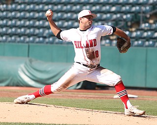 Hiland Hawks pitcher Mitch Massaro(18) pitches in the second inning as Champion takes on Berlin Hiland in the DIII baseball championship, Saturday, June 3, 2017 at Huntington Park in Columbus. Champion won 1-0...(Nikos Frazier | The Vindicator)