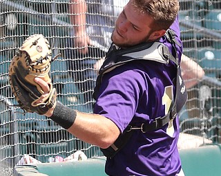 Champion Golden Flashes catcher Michael Turner (10) opens up for the out on a hit in the fifth inning as Champion takes on Berlin Hiland in the DIII baseball championship, Saturday, June 3, 2017 at Huntington Park in Columbus. Champion won 1-0...(Nikos Frazier | The Vindicator)