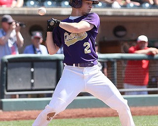 Champion Golden Flashes second baseman Justin Taninecz (2) leans back to dodge a pitch in the fifth inning as Champion takes on Berlin Hiland in the DIII baseball championship, Saturday, June 3, 2017 at Huntington Park in Columbus. Champion won 1-0...(Nikos Frazier | The Vindicator)