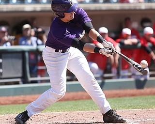 Champion Golden Flashes third baseman Kyle Forrest (5) connects in the fifth inning as Champion takes on Berlin Hiland in the DIII baseball championship, Saturday, June 3, 2017 at Huntington Park in Columbus. Champion won 1-0...(Nikos Frazier | The Vindicator)