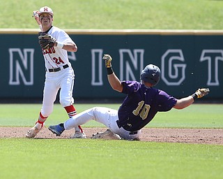 Hiliard second baseman Chris Kline (24) opens up for the catch to out Champion Golden Flashes catcher Michael Turner (10) in the sixth inning as Champion takes on Berlin Hiland in the DIII baseball championship, Saturday, June 3, 2017 at Huntington Park in Columbus. Champion won 1-0...(Nikos Frazier | The Vindicator)