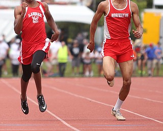 Tariq Drake(411) of Labrae and Brevin Harris(635) of Norwayne compete in the DII boys 200 meter dash final during the 2017 OHSAA Boys and Girls State Track and Field Tournaments, Saturday, June 3, 2017 at the Jesse Owens Memorial Stadium in Columbus...(Nikos Frazier | The Vindicator)