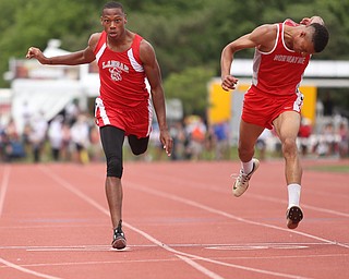 Tariq Drake(411) of Labrae and Brevin Harris(635) of Norwayne compete in the DII boys 200 meter dash final during the 2017 OHSAA Boys and Girls State Track and Field Tournaments, Saturday, June 3, 2017 at the Jesse Owens Memorial Stadium in Columbus...(Nikos Frazier | The Vindicator)