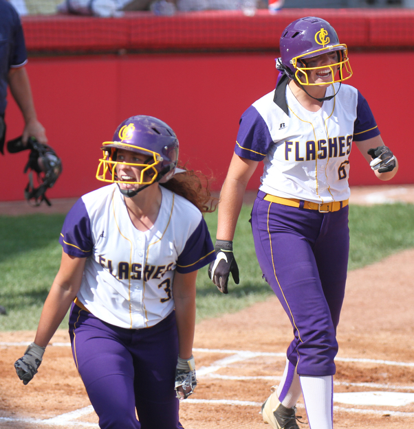 William D LewisThe vindicator Champions McKenzie Zigmont(3) and Allison Smith(6) react during state championship win 6-3-17 in akron.