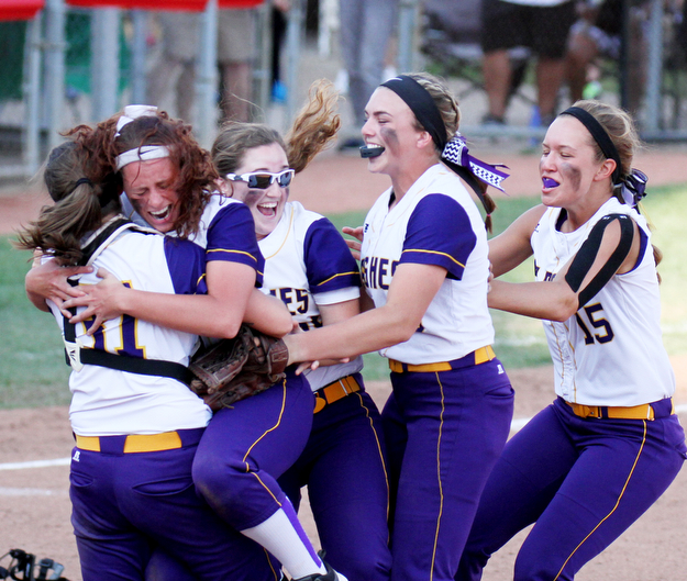 William d Lewis the Vindicator  Champion players celebrate after winning state championship   from left they are Molly Williams McKenzie Zigmont, ????, Allison Smith and Megan turner.