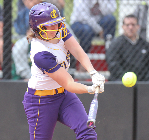 William D Lewis The Vindicator Champion's Molly Williams(31) of the Trumbull team slams a triple in 1rst inning  during 1rst game of 14th annual Bill Sferra Softball Classic at YSU 6-6-17.