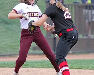 William D Lewis The Vindicator South Range's Caragyn Yanek(7) gets back to third safe during a pickoff attempt. Trying to make the tag for Trumbull team is Girard's Jessica Dohy (25) during 1rst game of 14th annual Bill Sferra Softball Classic at YSU 6-6-17.