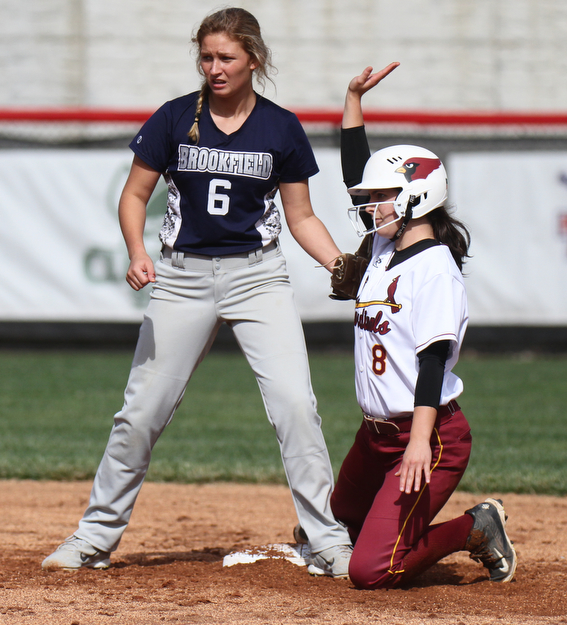 William D Lewis The Vindicator Mooney's Bridget Sweeney(8) is safe at 2nd as Brookfield's Lauren Pesa(6) tries to make tag during 1rst game of 14th annual Bill Sferra Softball Classic at YSU 6-6-17.
