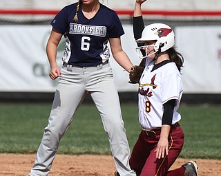 William D Lewis The Vindicator Mooney's Bridget Sweeney(8) is safe at 2nd as Brookfield's Lauren Pesa(6) tries to make tag during 1rst game of 14th annual Bill Sferra Softball Classic at YSU 6-6-17.