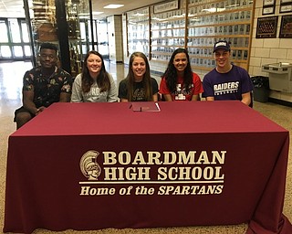 Neighbors | Submitted.Five Boardman senior athletes recently signed to continue their academic and athletic careers in college. The five are Caitlyn Hadley (cross-country and track), Logan Mitchell (track and field), Alexis Phillips (lacrosse), A.J. Scissum (football) and Coleman Stauffer (baseball).