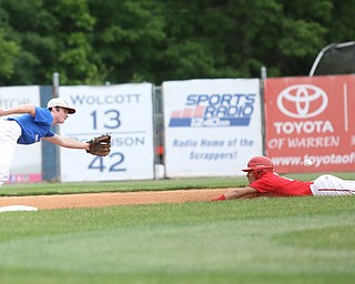 Trumbull County runner Tre Martin(11)(Niles) slides into second base as Mahoning County short stop Jack Bajerski(5)(South Range) stretches out for the pass during the 1st inning in the 2017 High School Valley All Star Classic, Friday, June 9, 2017 at Eastwood Field. Trumbull County won 8-6...(Nikos Frazier | The Vindicator)..