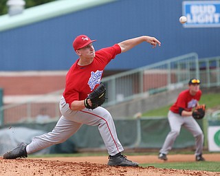 Trumbull County pitcher J.T. Wolfe(19)(LaBrae) pitches  during the 2nd inning in the 2017 High School Valley All Star Classic, Friday, June 9, 2017 at Eastwood Field. Trumbull County won 8-6...(Nikos Frazier | The Vindicator)..